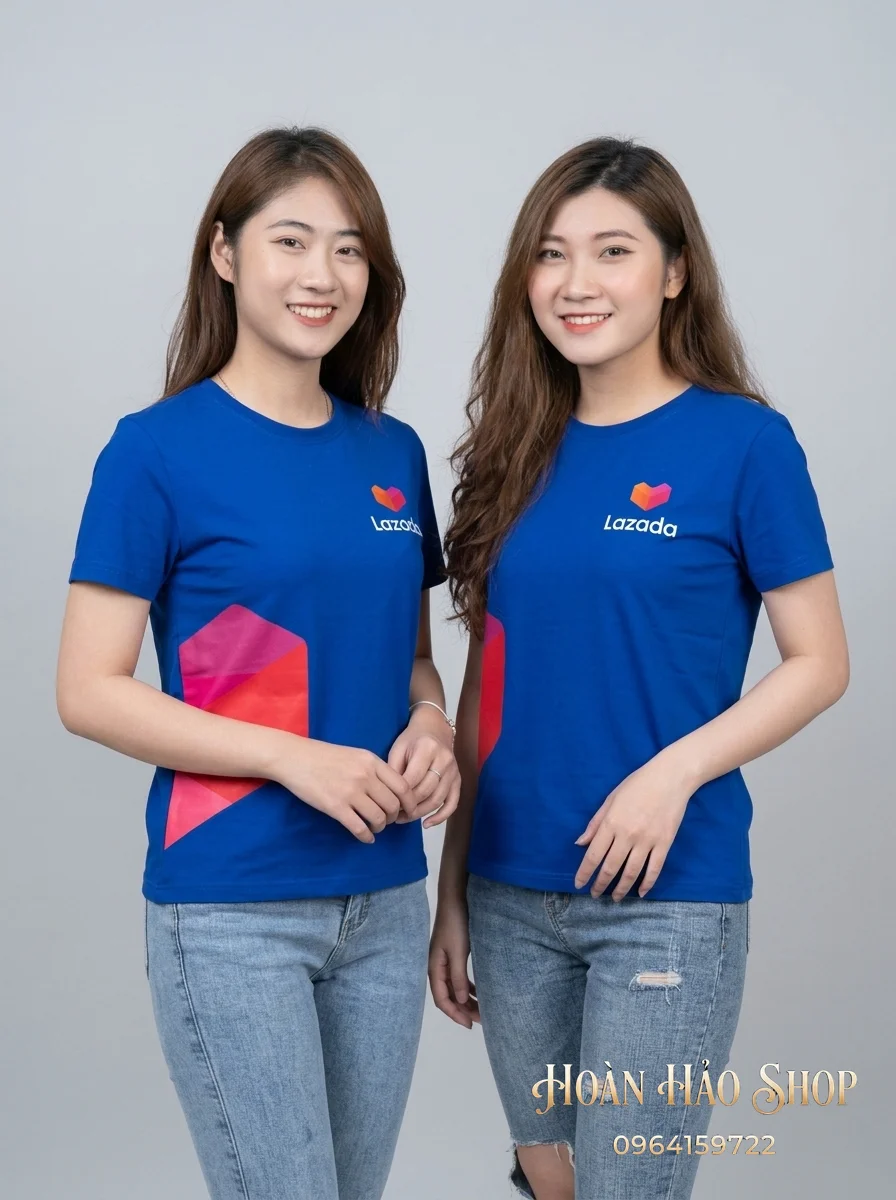 Mẫu Áo Thun Đồng Phục Cổ Tròn Lazada Xanh Phối Cam