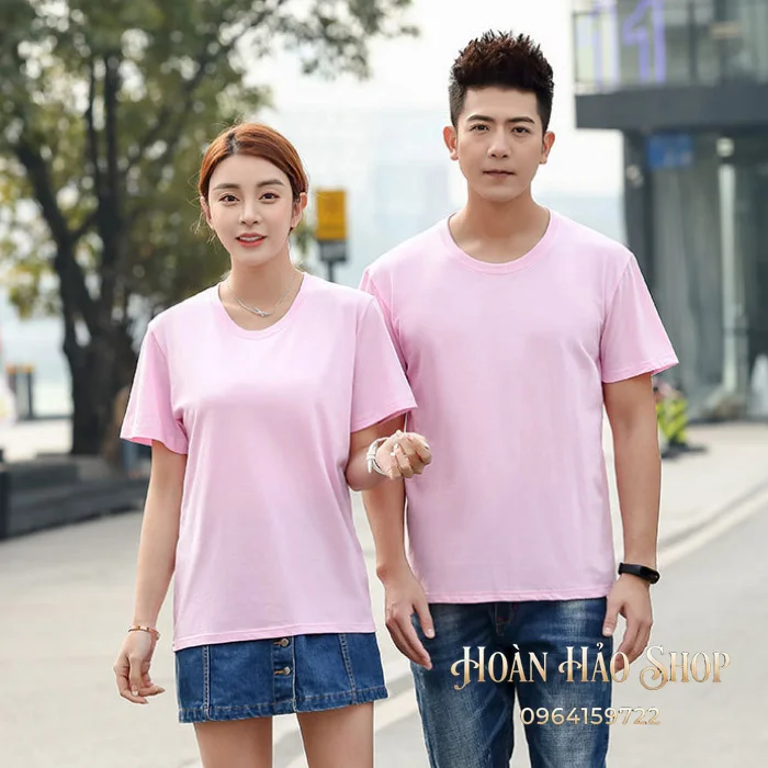 Mẫu Áo Thun Đồng Phục Cổ Tròn Màu Hồng Phấn
