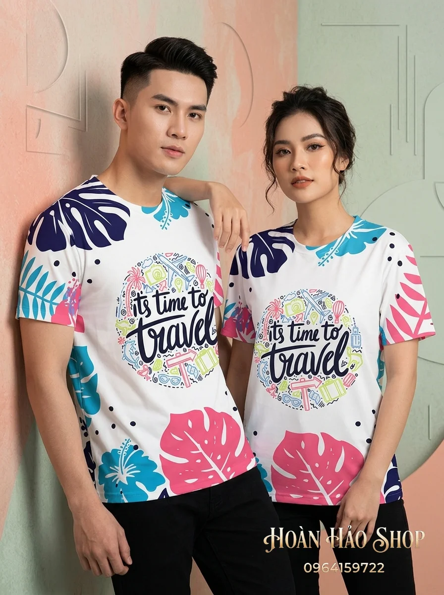 Mẫu Áo Phông Nhóm Đi Biển Họa Tiết Nhiệt Đới