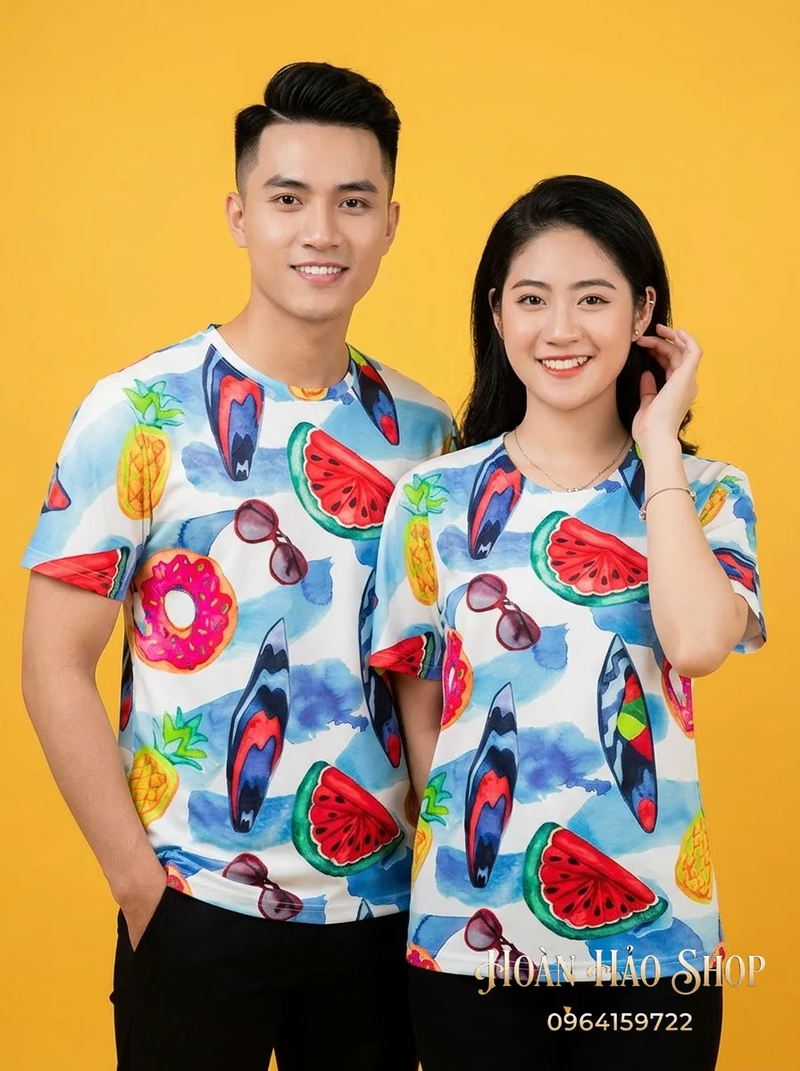 Mẫu Áo Phông Nhóm Đi Biển Họa Tiết Trái Cây