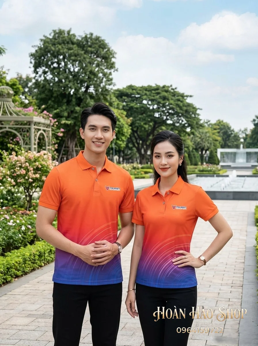 Mẫu Áo Phông Nhóm Đi Biển Màu Cam Phối Thân Dưới Xanh