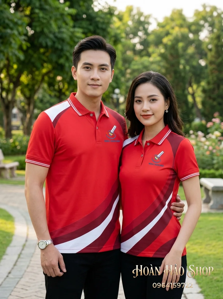 Mẫu Áo Phông Nhóm Đi Biển Màu Đỏ Phối Nâu