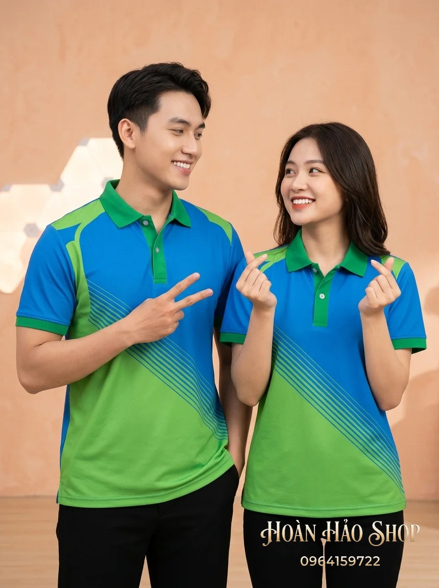 Áo Phông Nhóm Đi Biển Màu Xanh Dương Phối Xanh Lá