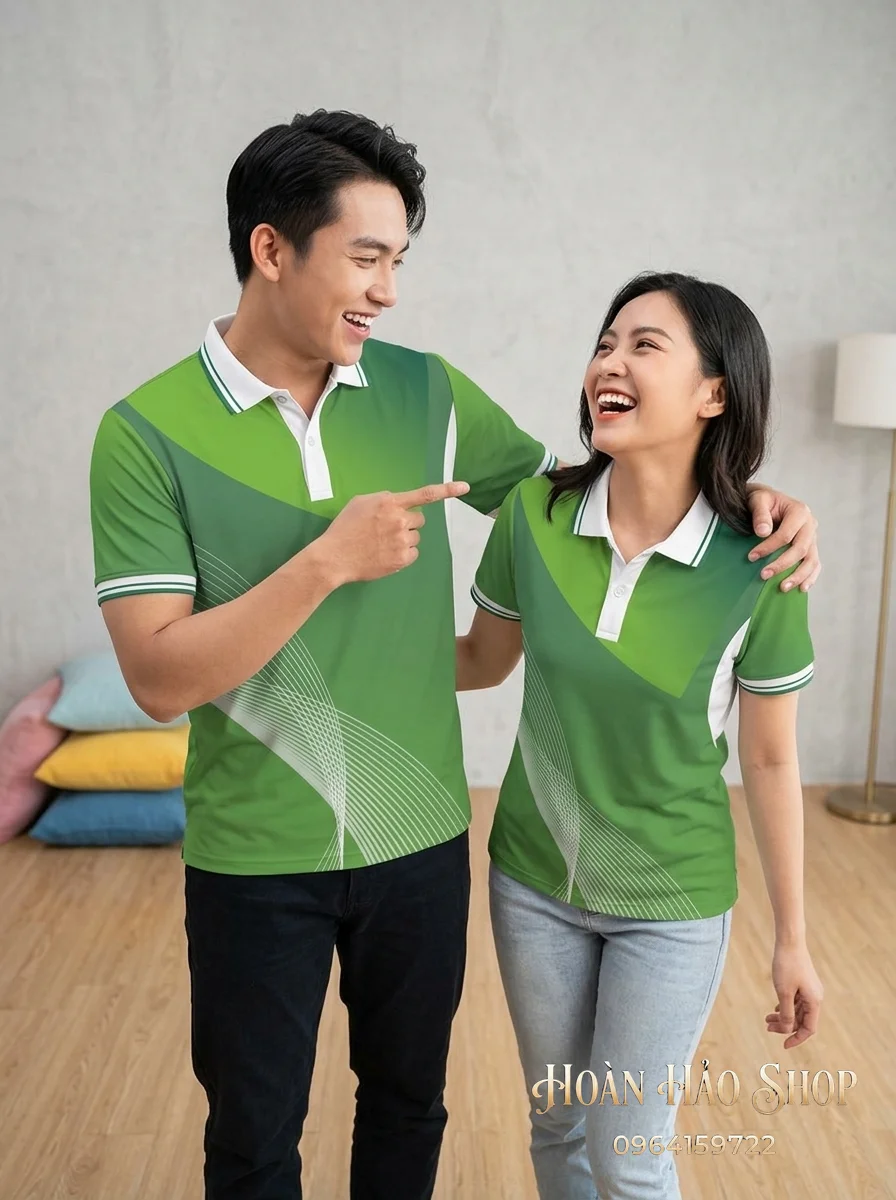 Áo Phông Nhóm Đi Biển Màu Xanh Lá Phối Thân Trắng