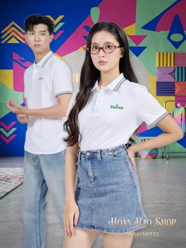 Áo Đồng Phục Công Ty Aircool Màu Trắng Gạo Phối Cổ Dệt Họa Tiết