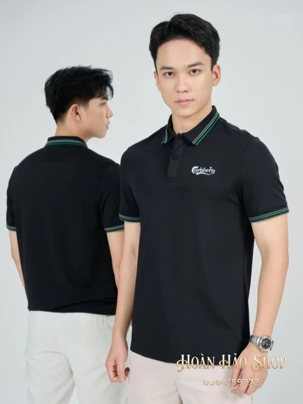 Áo Đồng Phục Công Ty Aircool Màu Đen Phối Cổ Dệt Họa Tiết