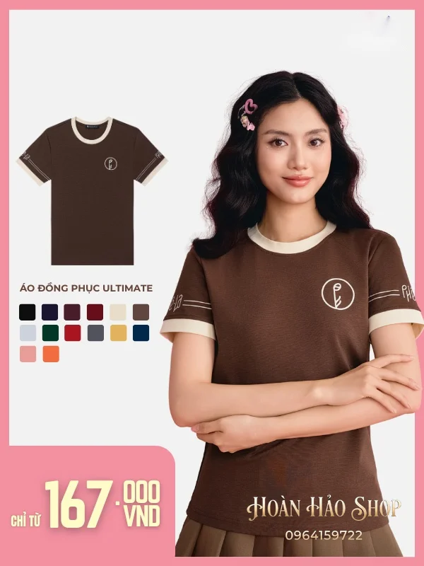 Áo Đồng Phục Công Ty Ultimate Cổ Tròn Màu Nâu Phối Màu Be