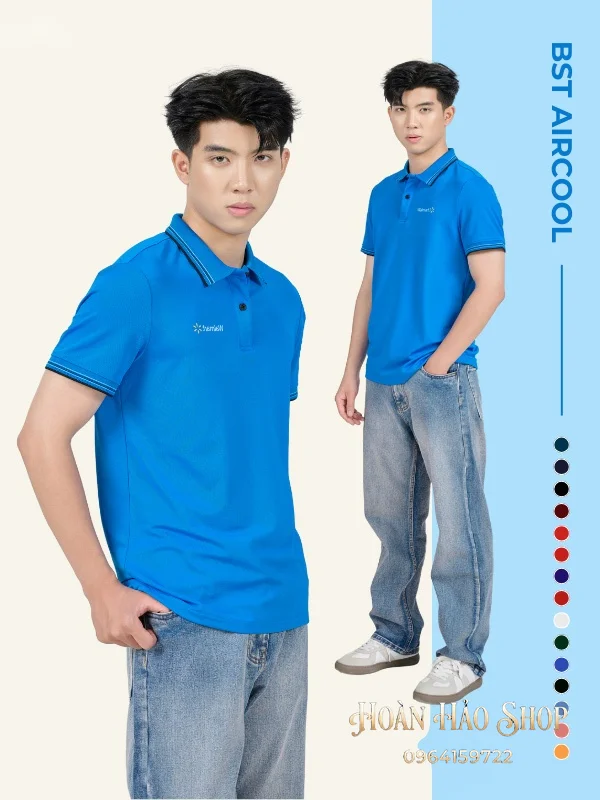 Áo Đồng Phục Công Ty Aircool Màu Ya Đậm Phối Cổ Dệt Họa Tiết