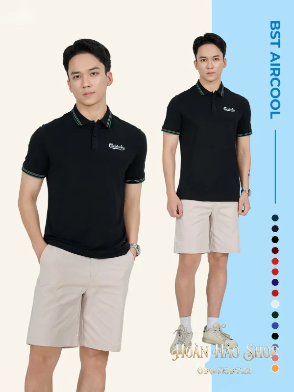 Áo Đồng Phục Công Ty Aircool Màu Đen Phối Cổ Dệt Họa Tiết