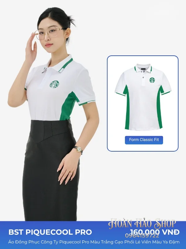 Áo Đồng Phục Công Ty Piquecool Pro Màu Trắng Gạo Phối Hai Bên Sườn Màu Xanh Lá