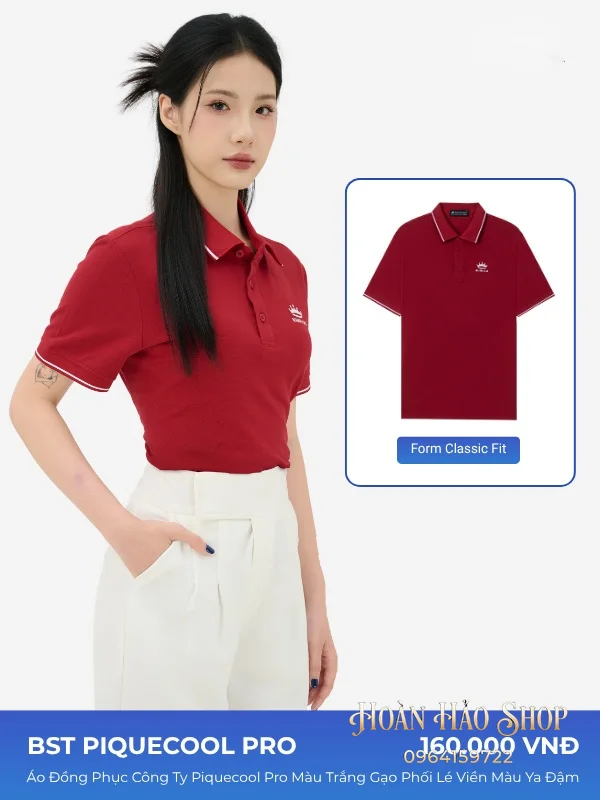 Áo Đồng Phục Công Ty Piquecool Pro Màu Đỏ Đô Phối Lé Viền Màu Trắng