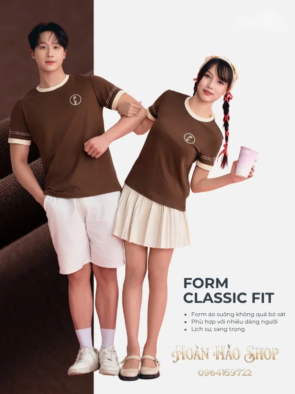 Áo Đồng Phục Công Ty Ultimate Cổ Tròn Màu Nâu Phối Màu Be