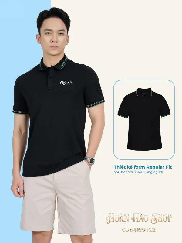 Áo Đồng Phục Công Ty Aircool Màu Đen Phối Cổ Dệt Họa Tiết