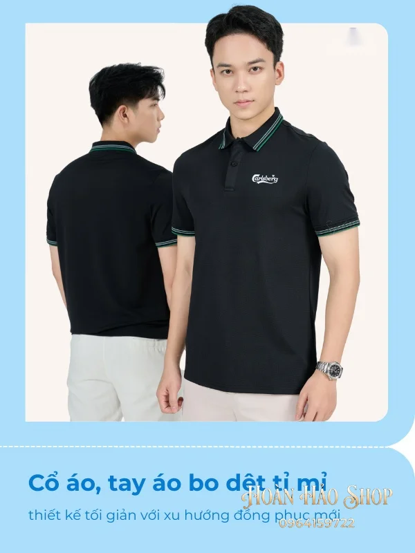 Áo Đồng Phục Công Ty Aircool Màu Đen Phối Cổ Dệt Họa Tiết