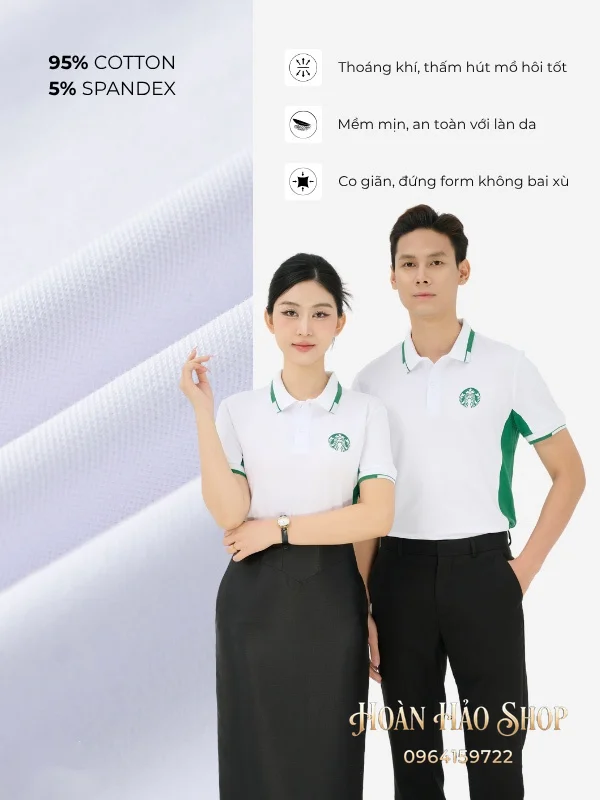 Áo Đồng Phục Công Ty Piquecool Pro Màu Trắng Gạo Phối Hai Bên Sườn Màu Xanh Lá