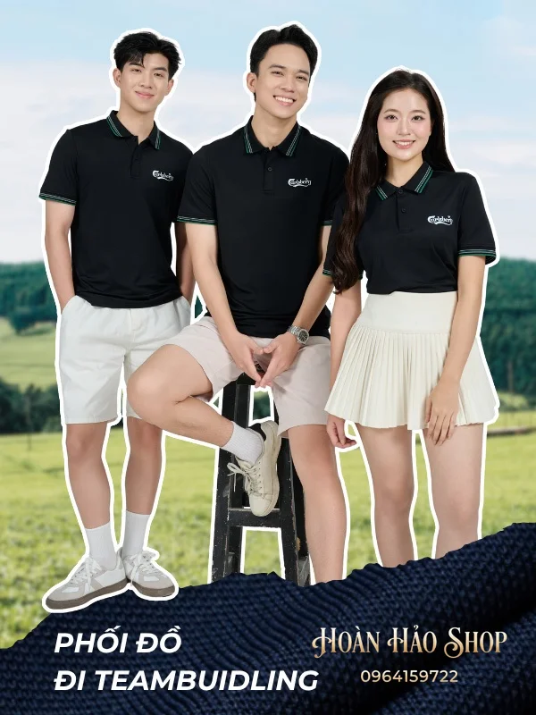 Áo Đồng Phục Công Ty Aircool Màu Đen Phối Cổ Dệt Họa Tiết